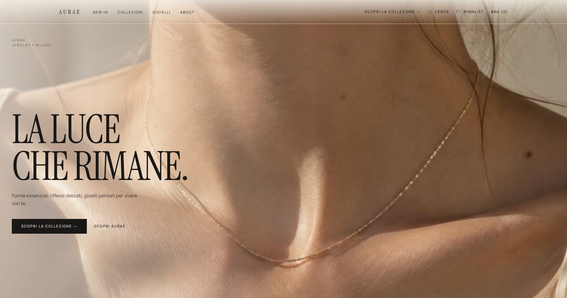 Homepage del brand di gioielli Aurae Jewels, creato da Laura, 30 anni